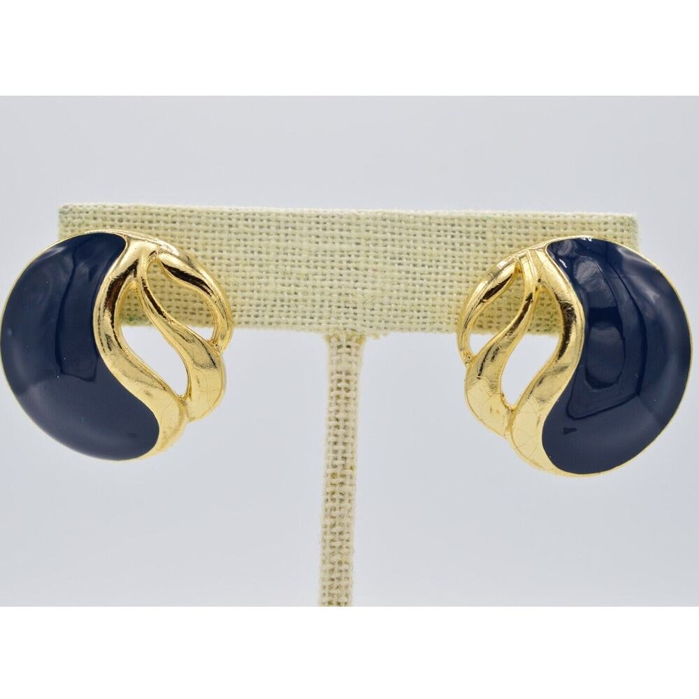 Vintage Round Earrings Navy Blue Enamel Gold Abstract Circle NOS 1980s BinAA